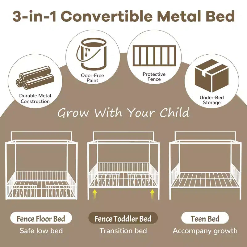 Letto per bambini 3-in-1 Moderno Minimalista con Telaio a Baldacchino e Doghe in Metallo, Misura Singola e Doppia