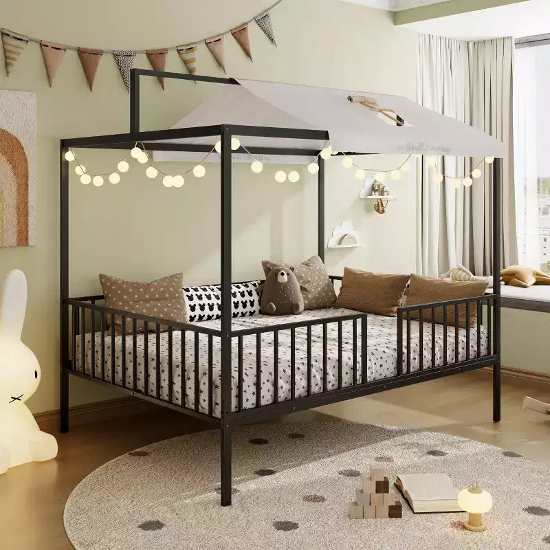 Letto per bambini 3-in-1 Moderno Minimalista con Telaio a Baldacchino e Doghe in Metallo, Misura Singola e Doppia