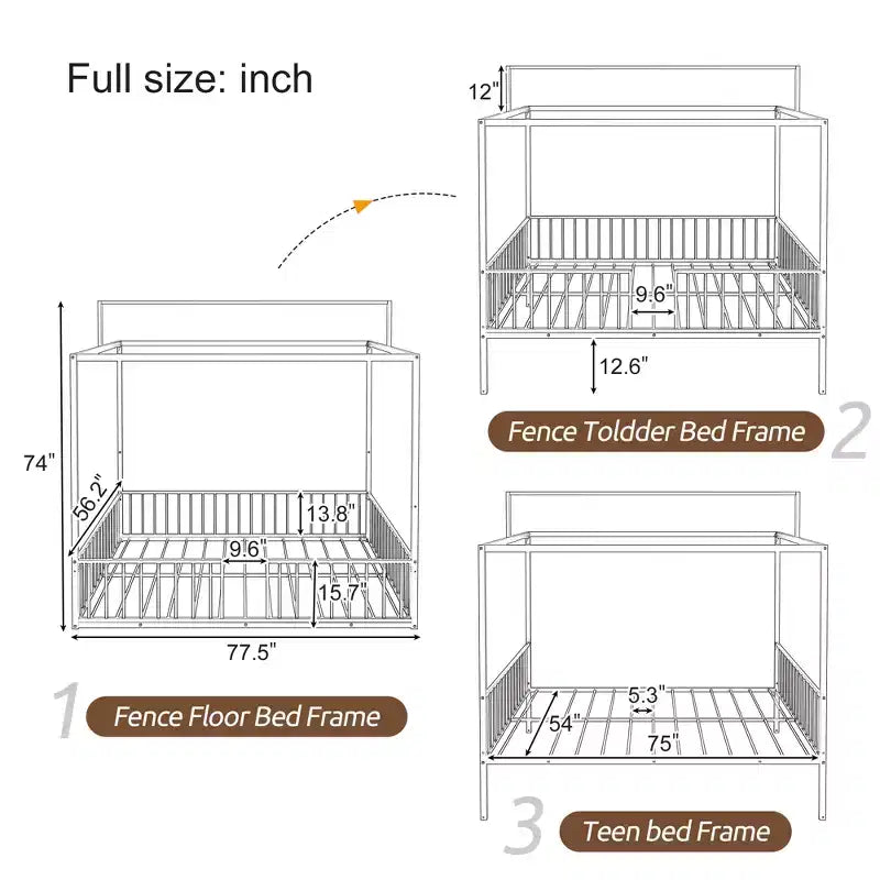 Letto per bambini 3-in-1 Moderno Minimalista con Telaio a Baldacchino e Doghe in Metallo, Misura Singola e Doppia