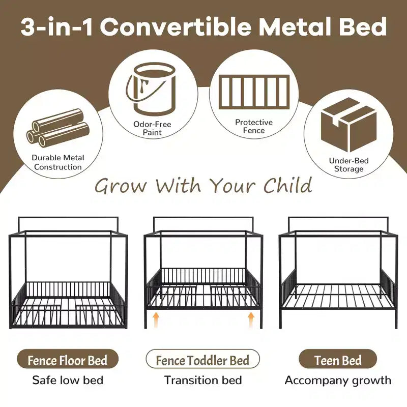 Letto per bambini 3-in-1 Moderno Minimalista con Telaio a Baldacchino e Doghe in Metallo, Misura Singola e Doppia