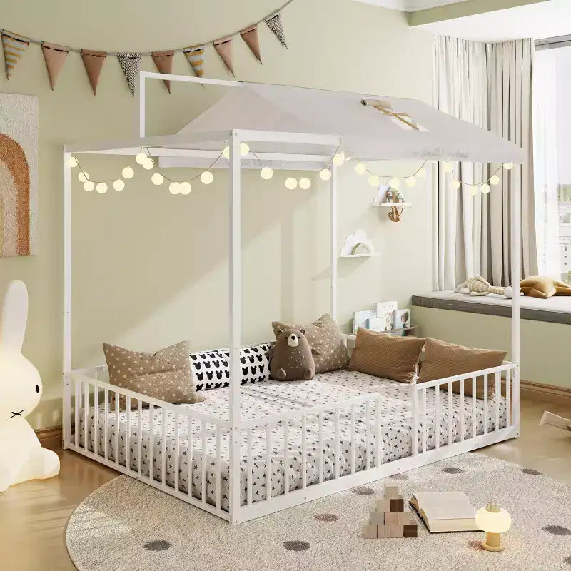 Letto per bambini 3-in-1 Moderno Minimalista con Telaio a Baldacchino e Doghe in Metallo, Misura Singola e Doppia