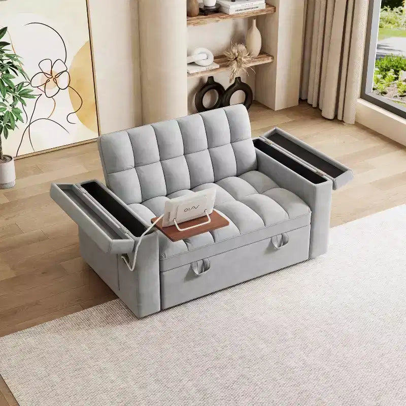 Divano Letto Pieghevole 3-in-1 in Velluto da 65" con Schienale Regolabile, Scrivania Estraibile, Porta USB e Contenitore, Grigio Chiaro