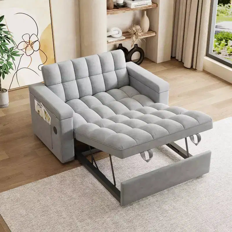 Divano Letto Pieghevole 3-in-1 in Velluto da 65" con Schienale Regolabile, Scrivania Estraibile, Porta USB e Contenitore, Grigio Chiaro