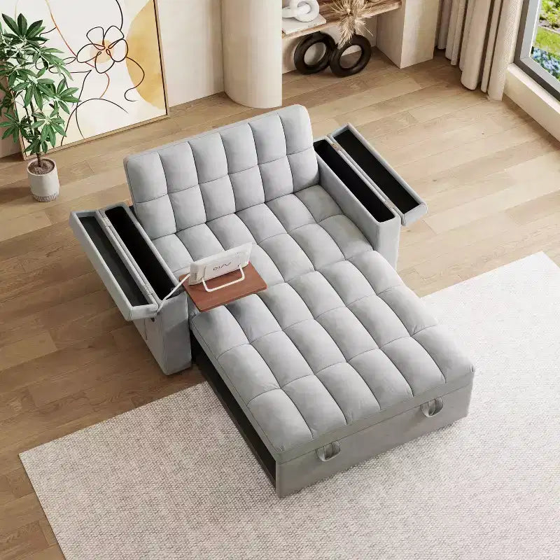 Divano Letto Pieghevole 3-in-1 in Velluto da 65" con Schienale Regolabile, Scrivania Estraibile, Porta USB e Contenitore, Grigio Chiaro