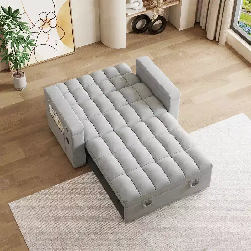 Divano Letto Pieghevole 3-in-1 in Velluto da 65" con Schienale Regolabile, Scrivania Estraibile, Porta USB e Contenitore, Grigio Chiaro