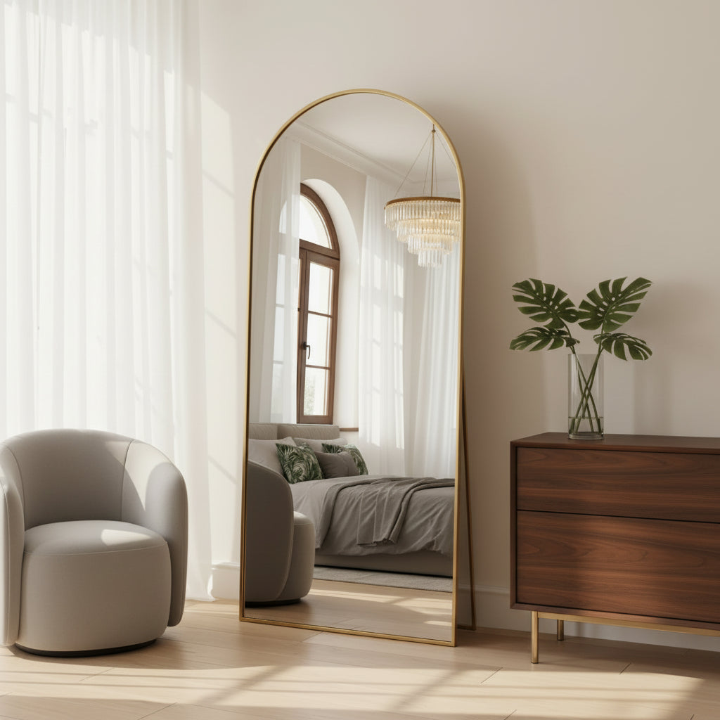 58 Inch Arched Full Length Mirror Gold Floor Mirror with Stand Freestanding Wall Mounted Bedroom Dressing Room Mirror