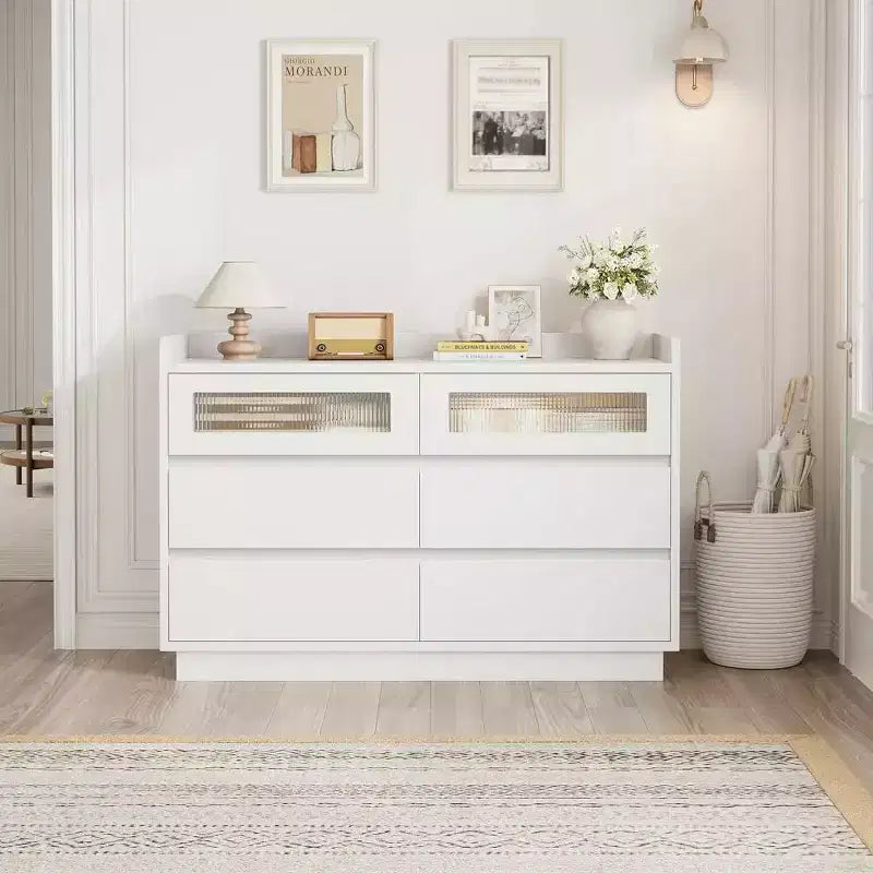 Comò a 6 cassetti con accento LED, larghezza 120 cm, bianco