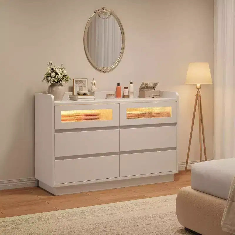 Comò a 6 cassetti con accento LED, larghezza 120 cm, bianco