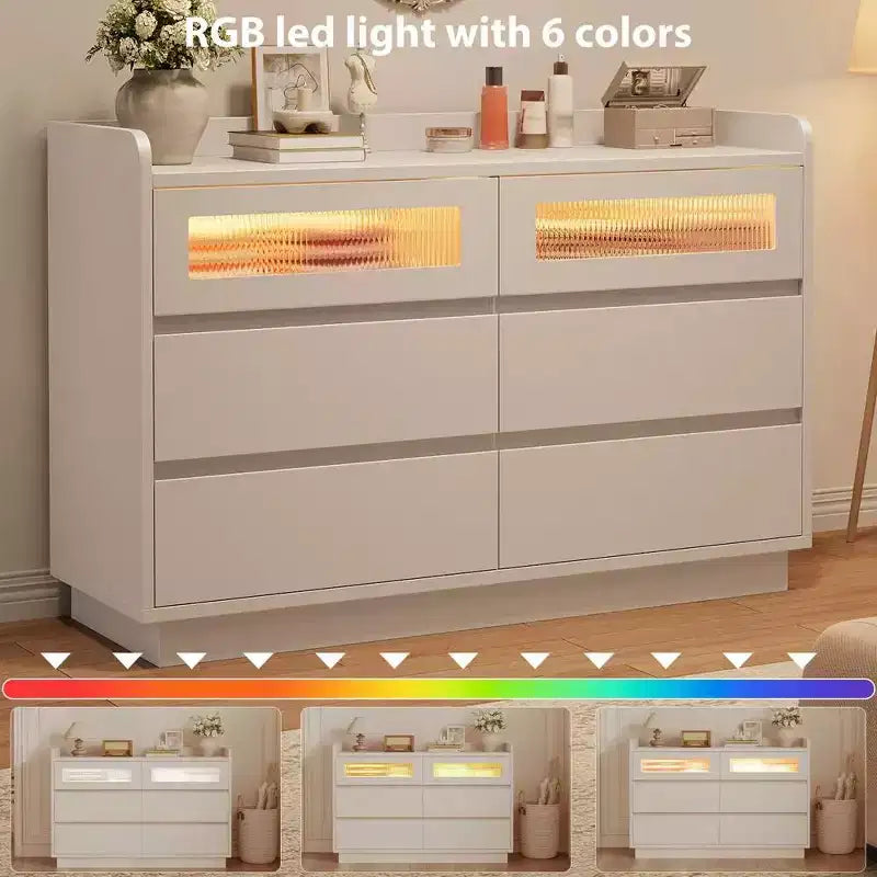 Comò a 6 cassetti con accento LED, larghezza 120 cm, bianco