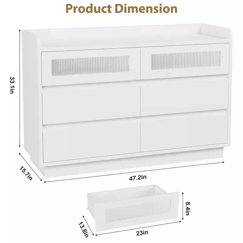 Comò a 6 cassetti con accento LED, larghezza 120 cm, bianco