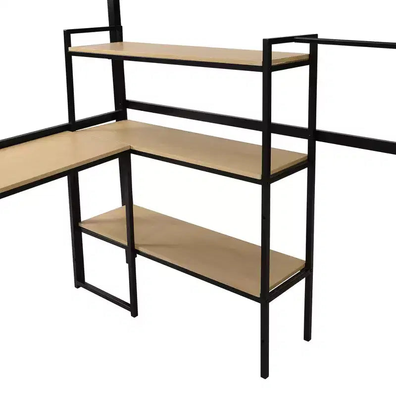 Letto a soppalco matrimoniale in metallo con scala, scrivania e mensole integrate, design salvaspazio, struttura nera, non necessita di rete a molle
