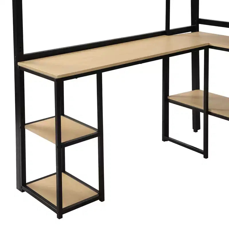 Letto a soppalco matrimoniale in metallo con scala, scrivania e mensole integrate, design salvaspazio, struttura nera, non necessita di rete a molle
