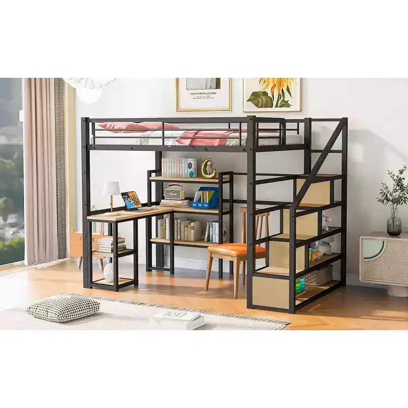 Letto a soppalco matrimoniale in metallo con scala, scrivania e mensole integrate, design salvaspazio, struttura nera, non necessita di rete a molle