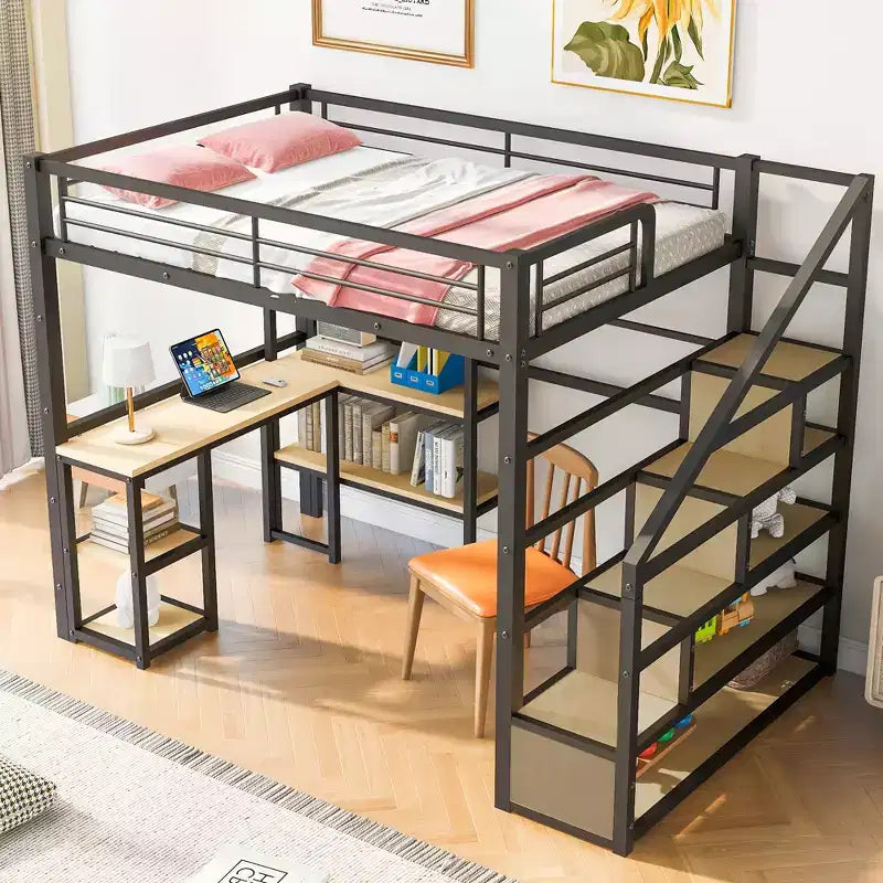 Letto a soppalco matrimoniale in metallo con scala, scrivania e mensole integrate, design salvaspazio, struttura nera, non necessita di rete a molle