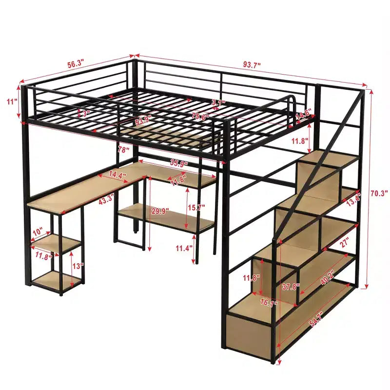 Letto a soppalco matrimoniale in metallo con scala, scrivania e mensole integrate, design salvaspazio, struttura nera, non necessita di rete a molle