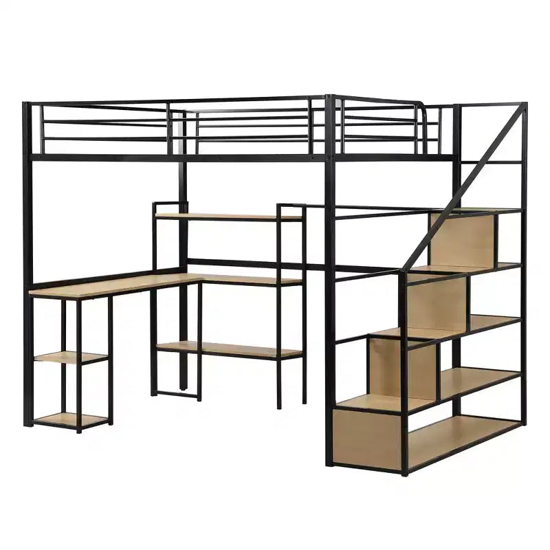 Letto a soppalco matrimoniale in metallo con scala, scrivania e mensole integrate, design salvaspazio, struttura nera, non necessita di rete a molle