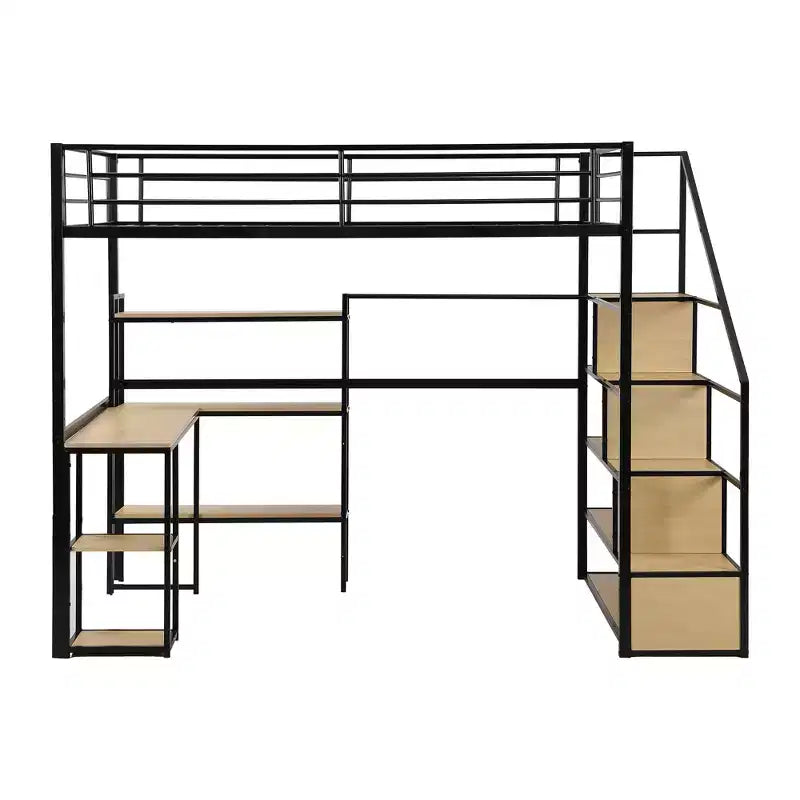 Letto a soppalco matrimoniale in metallo con scala, scrivania e mensole integrate, design salvaspazio, struttura nera, non necessita di rete a molle