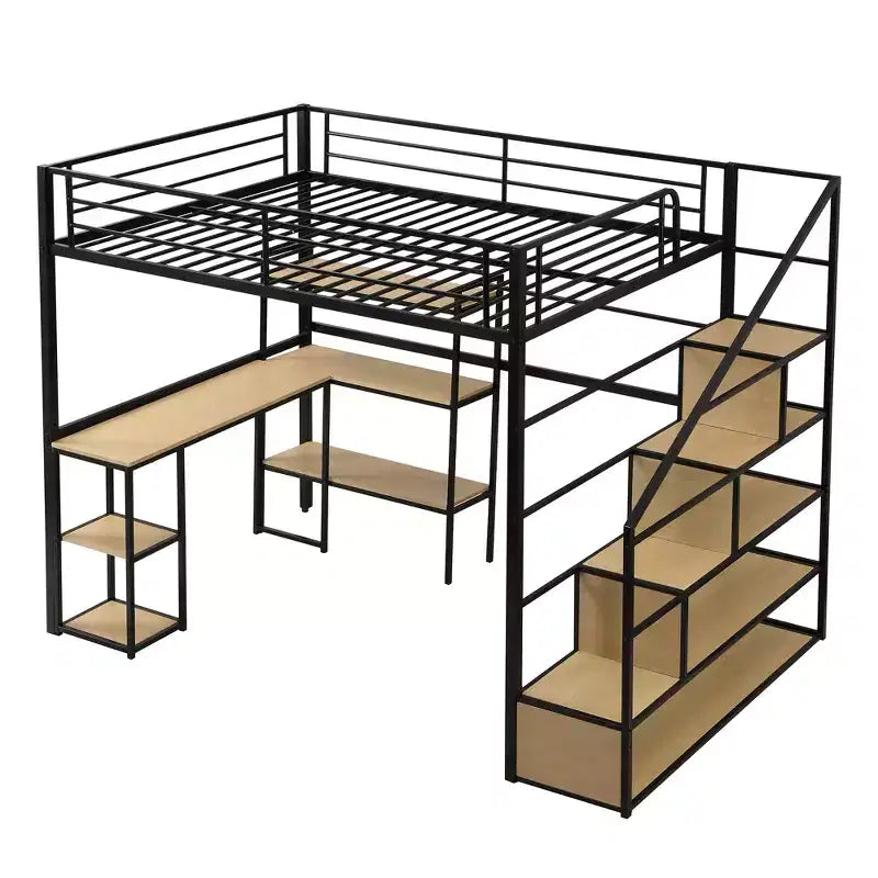 Letto a soppalco matrimoniale in metallo con scala, scrivania e mensole integrate, design salvaspazio, struttura nera, non necessita di rete a molle