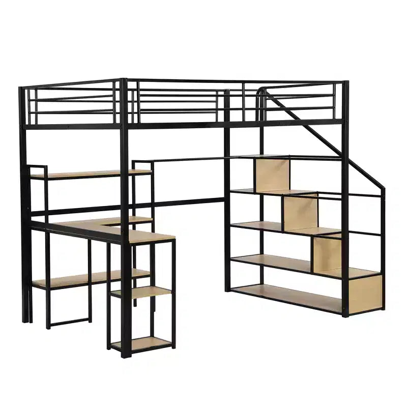 Letto a soppalco matrimoniale in metallo con scala, scrivania e mensole integrate, design salvaspazio, struttura nera, non necessita di rete a molle