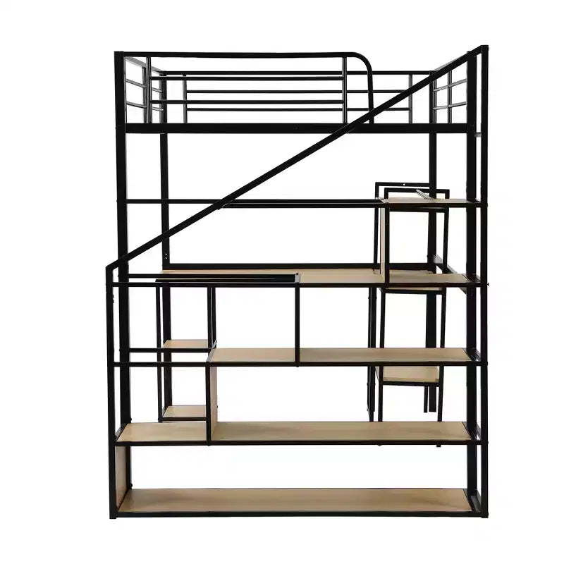 Letto a soppalco matrimoniale in metallo con scala, scrivania e mensole integrate, design salvaspazio, struttura nera, non necessita di rete a molle