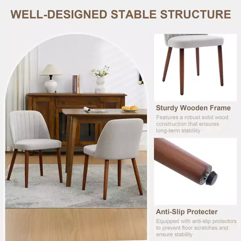 Set di 2 sedie da pranzo imbottite in tessuto di lino con gambe in legno