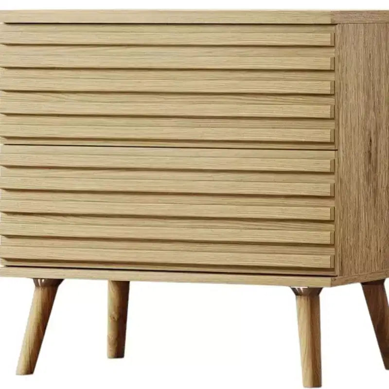 Comodino da 23" in Legno Massello Naturale con Texture Rigata e Due Cassetti a Chiusura Ammortizzata
