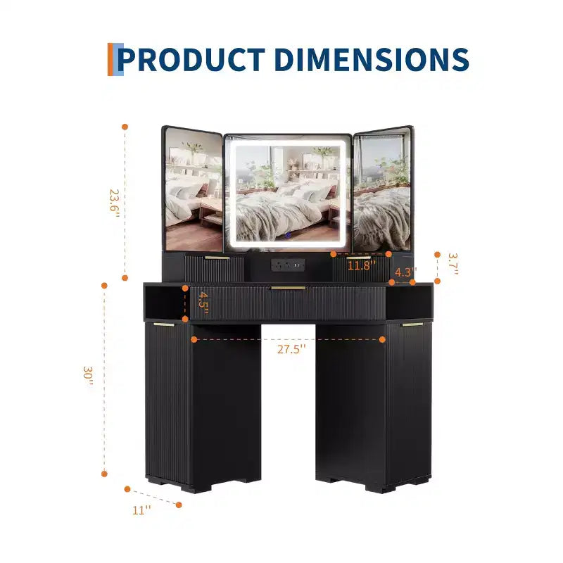Scrivania angolare da 53" con specchio LED, design scanalato, cassetti, armadietti e stazione di ricarica per camera da letto
