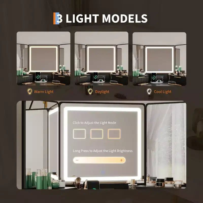 Scrivania angolare da 53" con specchio LED, design scanalato, cassetti, armadietti e stazione di ricarica per camera da letto