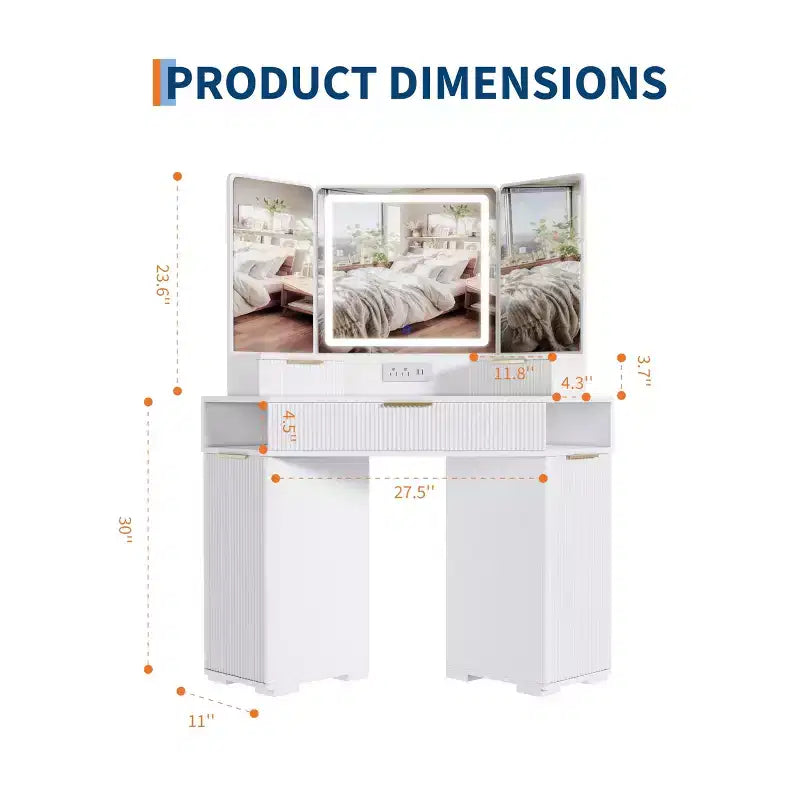 Scrivania angolare da 53" con specchio LED, design scanalato, cassetti, armadietti e stazione di ricarica per camera da letto