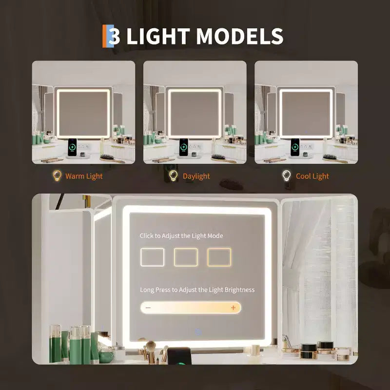 Scrivania angolare da 53" con specchio LED, design scanalato, cassetti, armadietti e stazione di ricarica per camera da letto