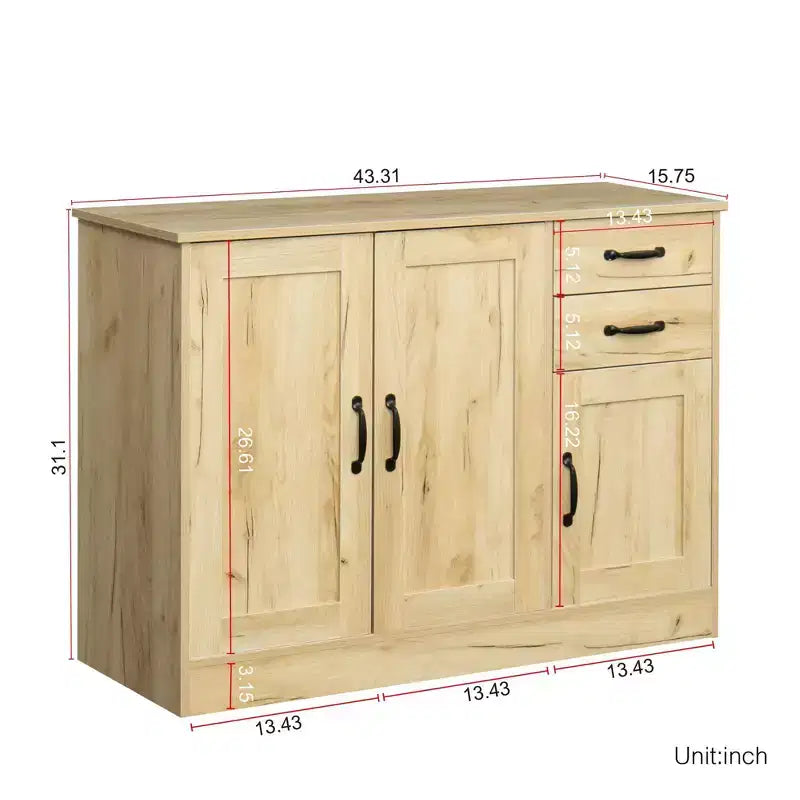 Buffet madia moderna in legno da 43,3" con 2 ante, 2 cassetti, ripiano mobile, finitura rovere, per sala da pranzo