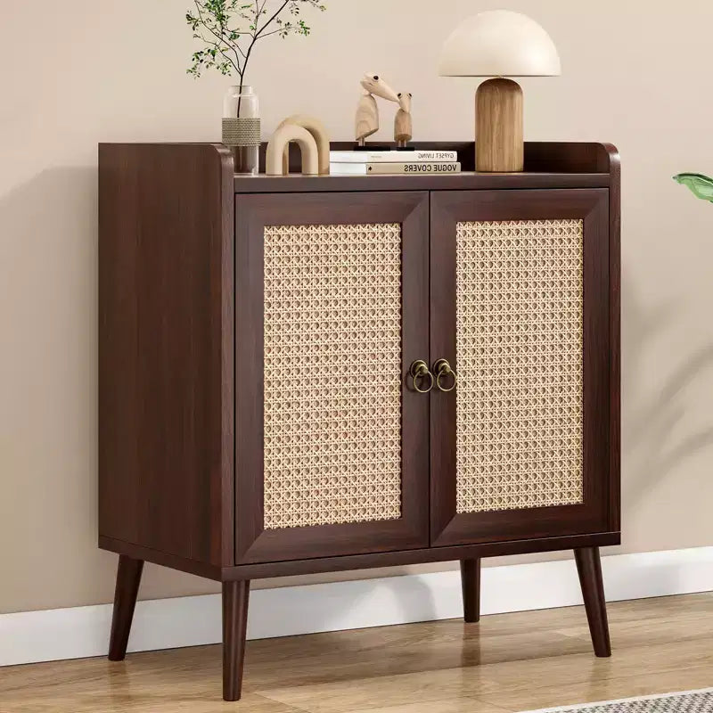 Mobile buffet con ante in rattan e listello decorativo, credenza consolle per sala da pranzo o soggiorno