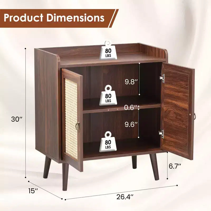Mobile buffet con ante in rattan e listello decorativo, credenza consolle per sala da pranzo o soggiorno