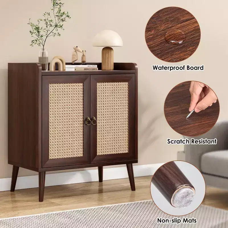 Mobile buffet con ante in rattan e listello decorativo, credenza consolle per sala da pranzo o soggiorno