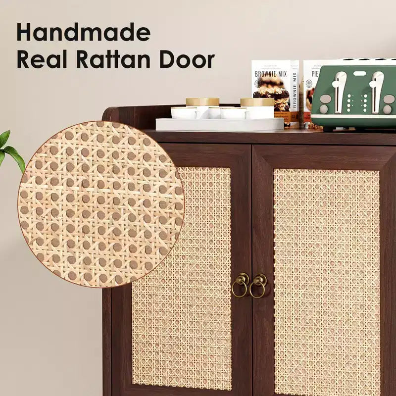 Mobile buffet con ante in rattan e listello decorativo, credenza consolle per sala da pranzo o soggiorno