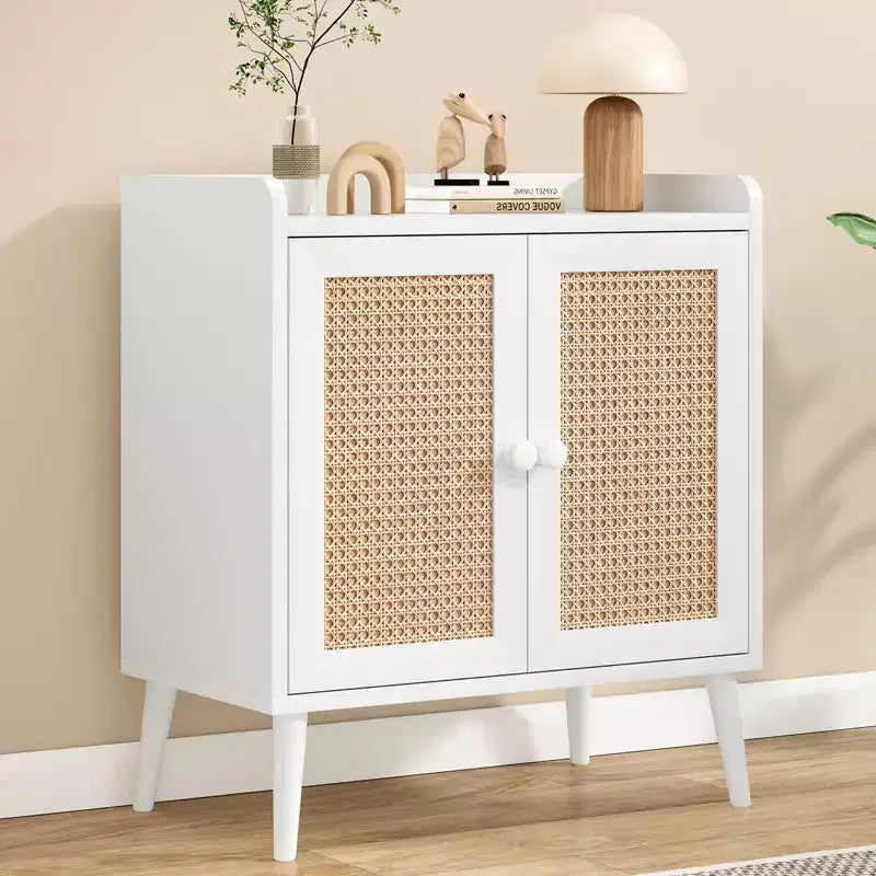 Mobile buffet con ante in rattan e listello decorativo, credenza consolle per sala da pranzo o soggiorno