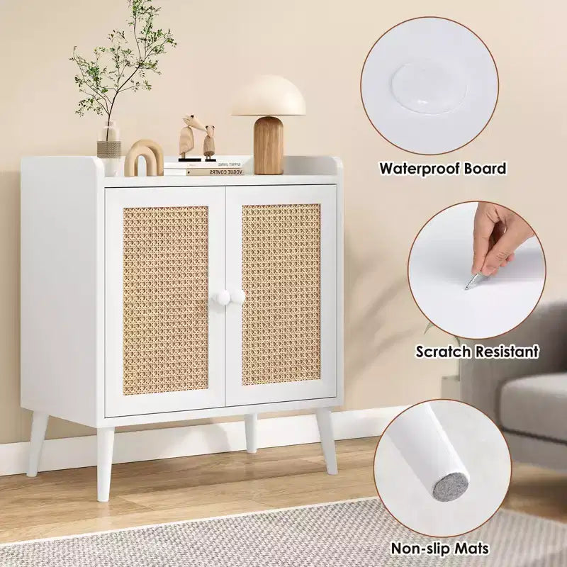 Mobile buffet con ante in rattan e listello decorativo, credenza consolle per sala da pranzo o soggiorno