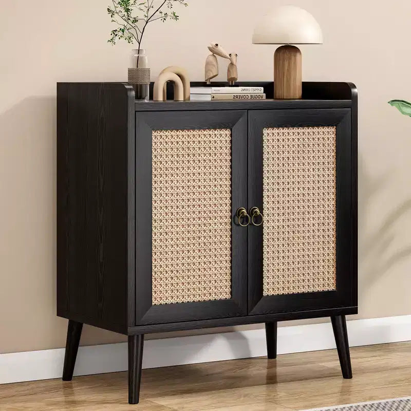 Mobile buffet con ante in rattan e listello decorativo, credenza consolle per sala da pranzo o soggiorno