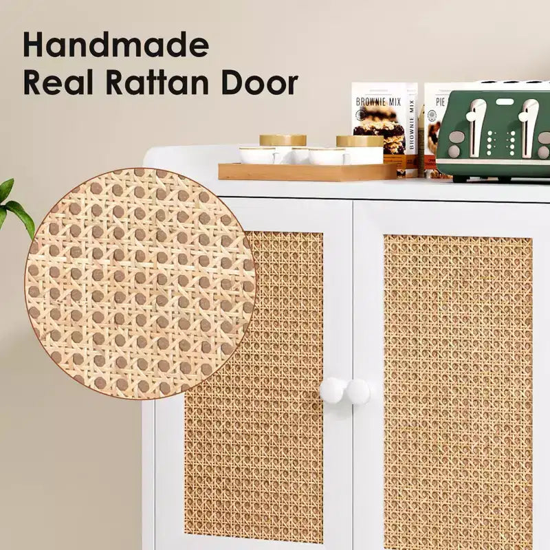 Mobile buffet con ante in rattan e listello decorativo, credenza consolle per sala da pranzo o soggiorno