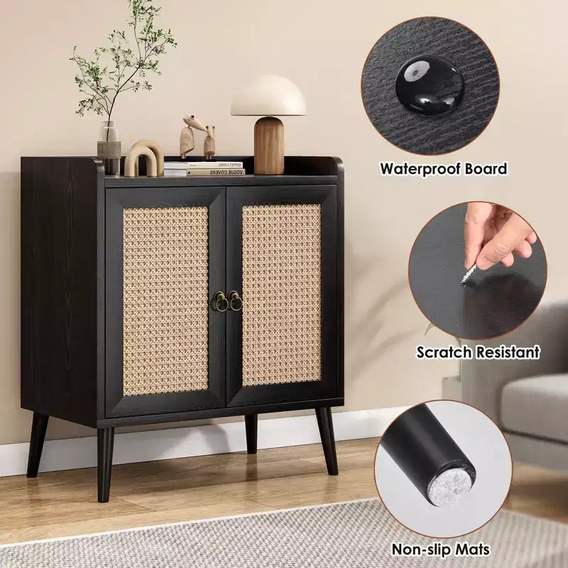 Mobile buffet con ante in rattan e listello decorativo, credenza consolle per sala da pranzo o soggiorno