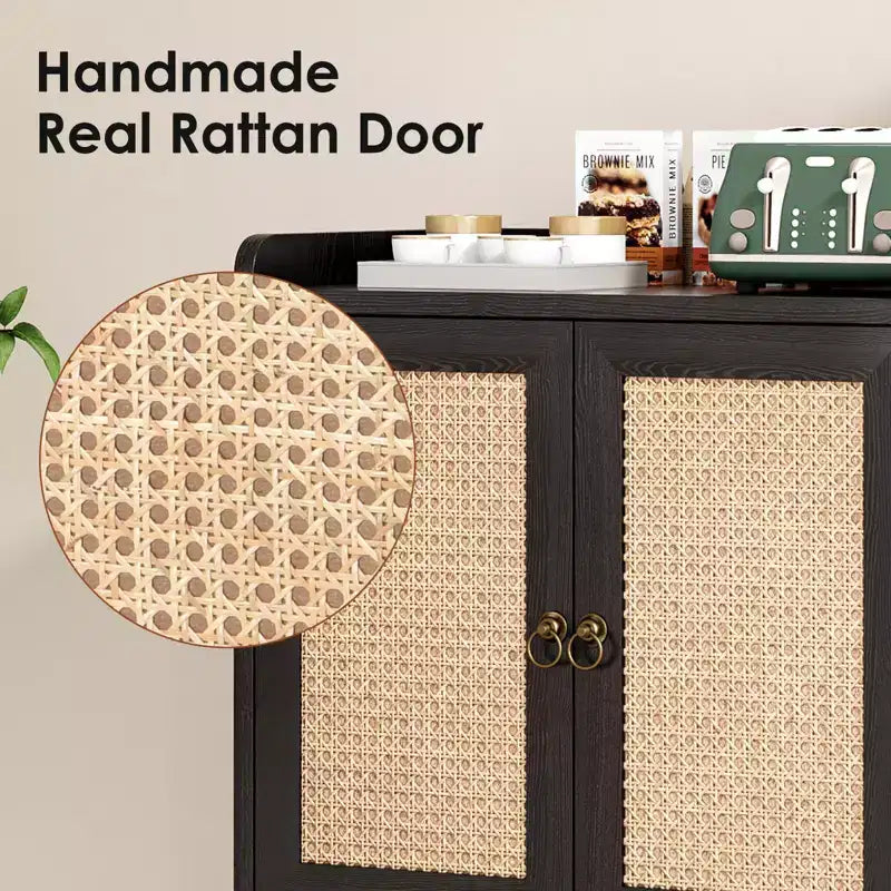 Mobile buffet con ante in rattan e listello decorativo, credenza consolle per sala da pranzo o soggiorno