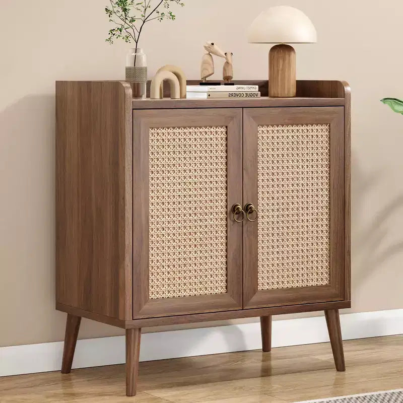 Mobile buffet con ante in rattan e listello decorativo, credenza consolle per sala da pranzo o soggiorno