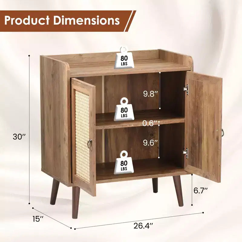 Mobile buffet con ante in rattan e listello decorativo, credenza consolle per sala da pranzo o soggiorno