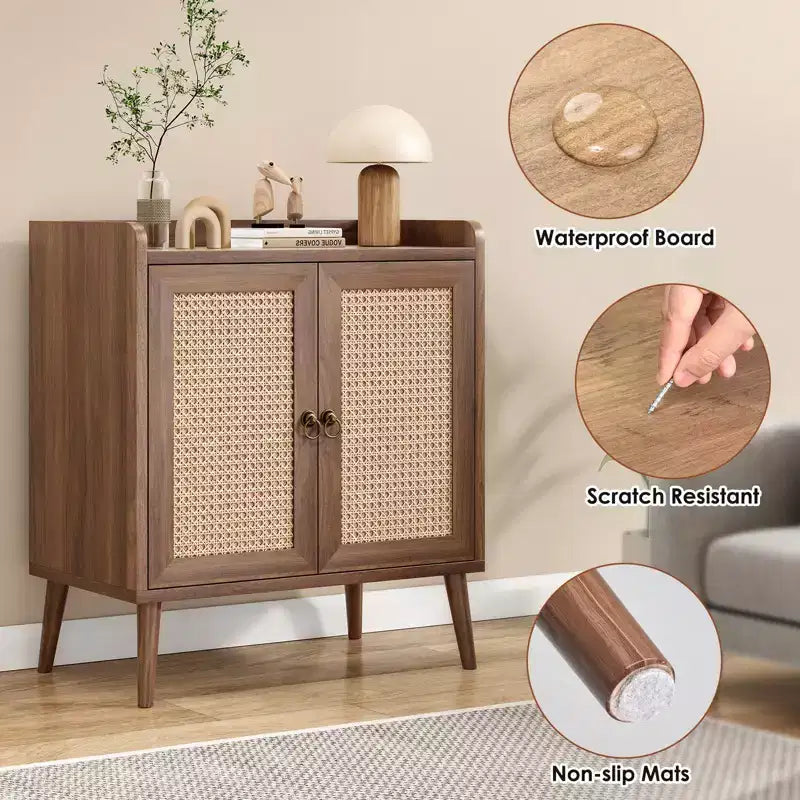 Mobile buffet con ante in rattan e listello decorativo, credenza consolle per sala da pranzo o soggiorno
