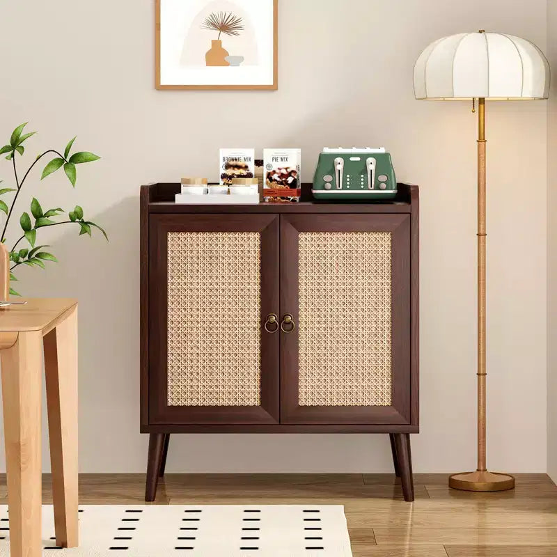 Mobile buffet con ante in rattan e listello decorativo, credenza consolle per sala da pranzo o soggiorno