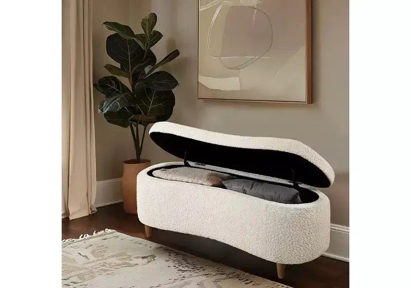 Panca pouf contenitore imbottita in tessuto bouclé da 48" con gambe in legno