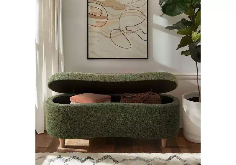 Panca pouf contenitore imbottita in tessuto bouclé da 48" con gambe in legno