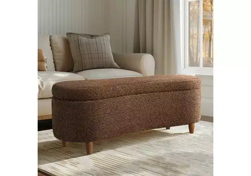 Panca pouf contenitore imbottita in tessuto bouclé da 48" con gambe in legno