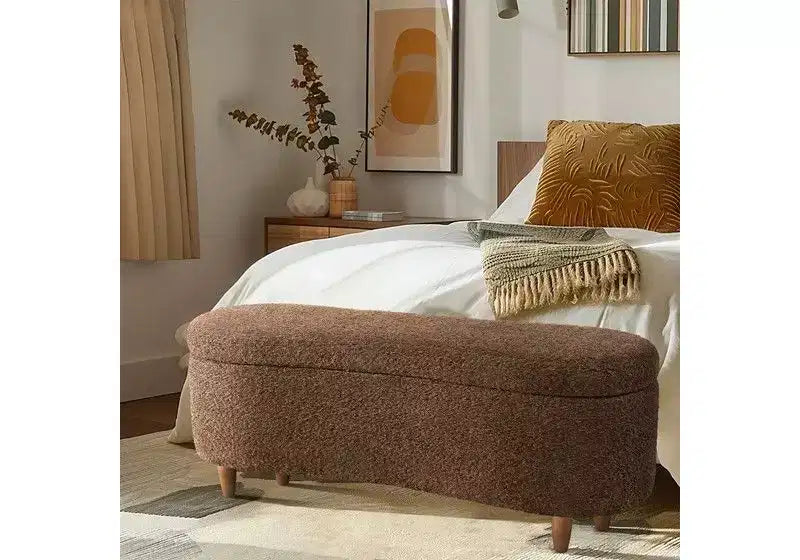 Panca pouf contenitore imbottita in tessuto bouclé da 48" con gambe in legno
