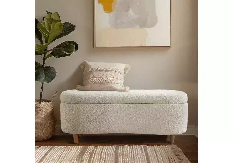 Panca pouf contenitore imbottita in tessuto bouclé da 48" con gambe in legno